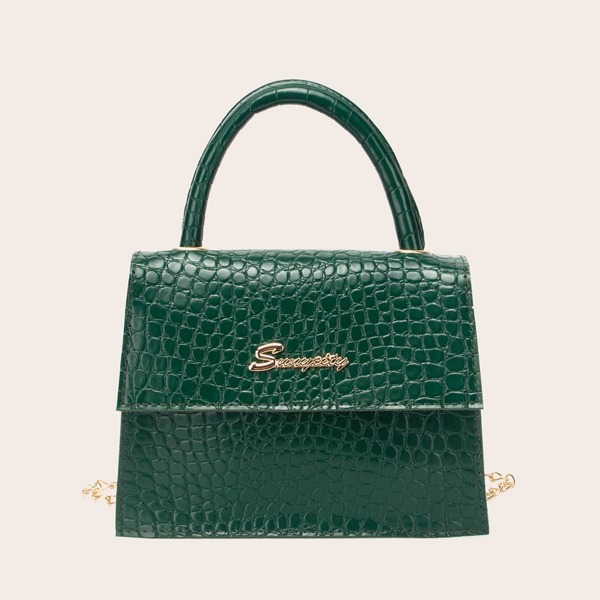 

Metal Letter Decor Crocodile Satchel Bag, Green