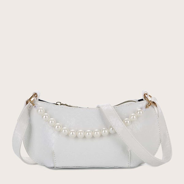 

Faux Pearl Decor Shoulder Bag, White