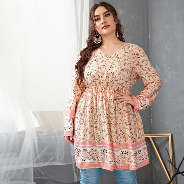 

Plus Flower Print Longline Blouse, Baby pink