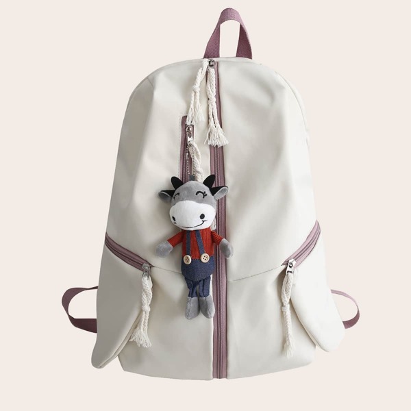 

Cartoon Charm Zip Front Backpack, Beige