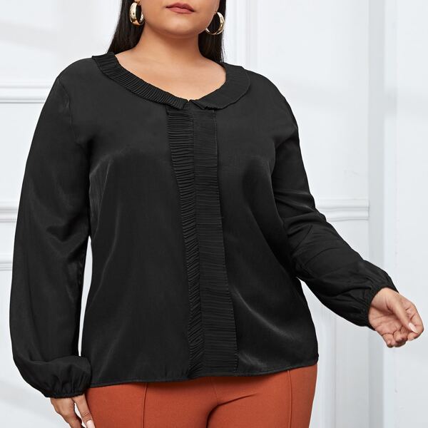 

Plus Pleated Trim Solid Blouse, Black