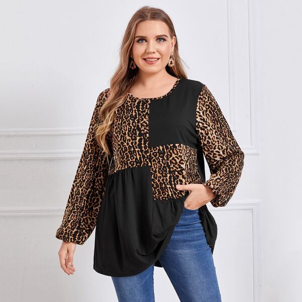 

Plus Contrast Leopard Longline Tee, Black