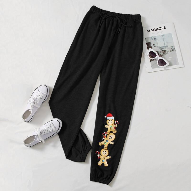 

Christmas Gingerbread Man Graphic Sweatpants, Black