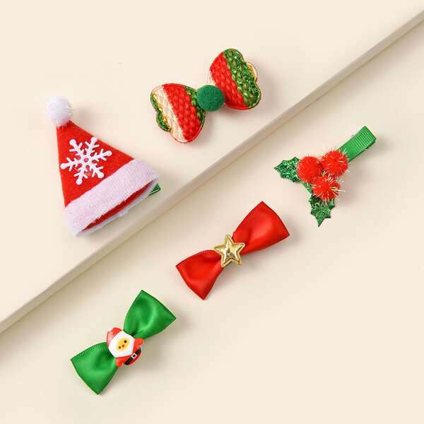 

5pcs Toddler Girls Christmas Pom Pom Hair Clip, Multicolor