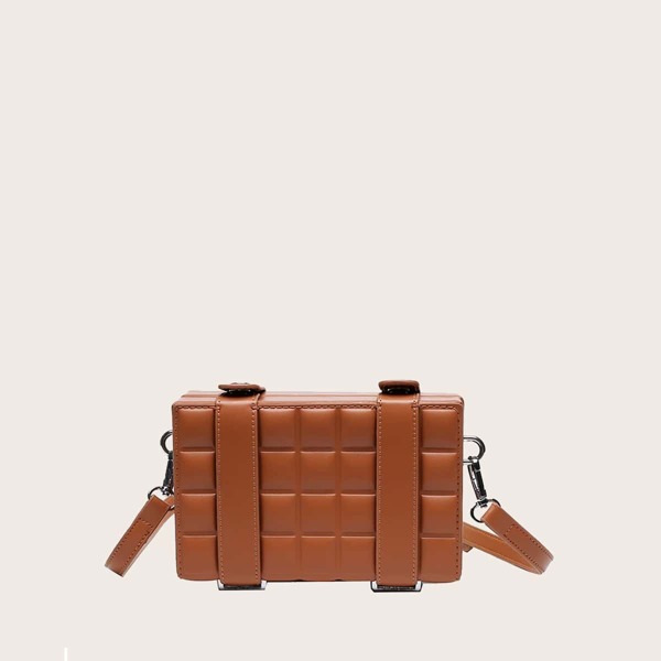 Snap Button Design Quilted Box Bag, Brown