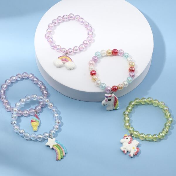 

5pcs Toddler Girls Rainbow Charm Beaded Bracelet, Multicolor