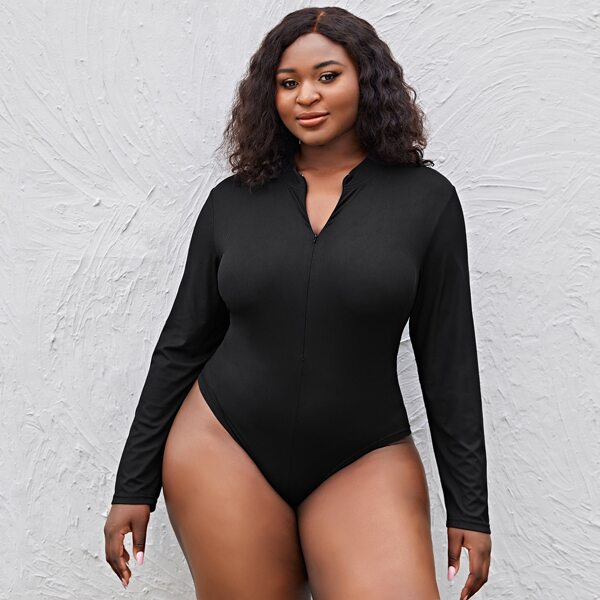 

Plus Zip Front Slim Bodysuit, Black