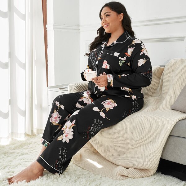 

Plus Letter And Floral Print Lapel Collar Button Front Satin PJ Set, Black