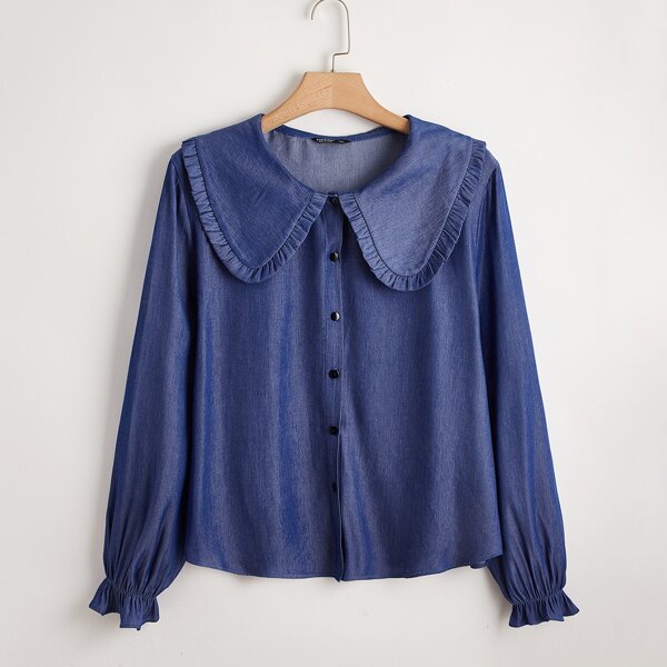 

Plus Peter Pan Collar Frill Trim Denim Blouse, Dark wash