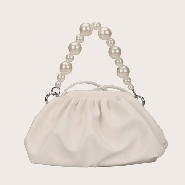 

Faux Pearl Handle Ruched Bag, Beige