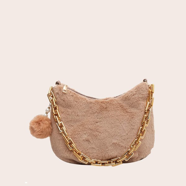 

Pom Pom Decor Fluffy Shoulder Bag, Khaki