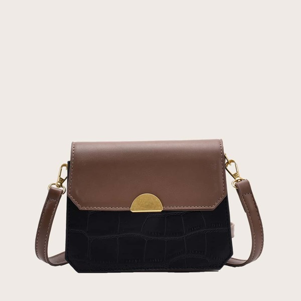 

Metal Decor Croc Embossed Crossbody Bag, Black