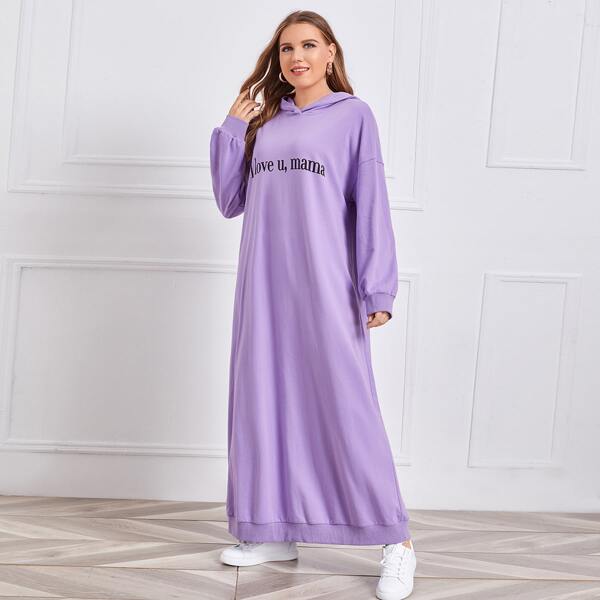 

Plus Slogan Graphic Hooded Dress, Lilac purple