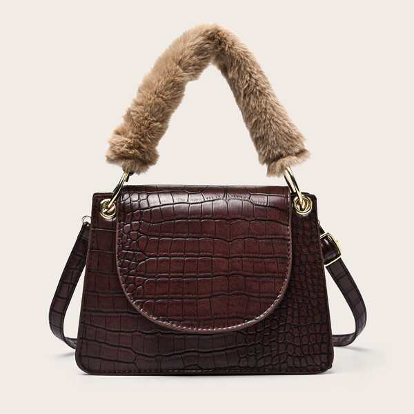 

Fluffy Handle Crocodile Satchel Bag, Coffee brown