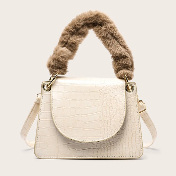 

Fluffy Handle Crocodile Satchel Bag, Beige