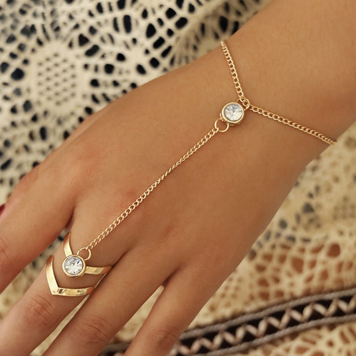 

Ring Linked Rhinestone Bracelet, Gold