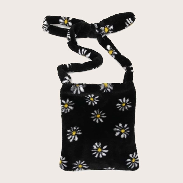 

Floral Pattern Fuzzy Shoulder Bag, Black