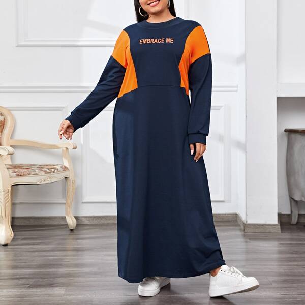 

Plus Color-block Slogan Graphic Sweatshirt Dress, Navy blue