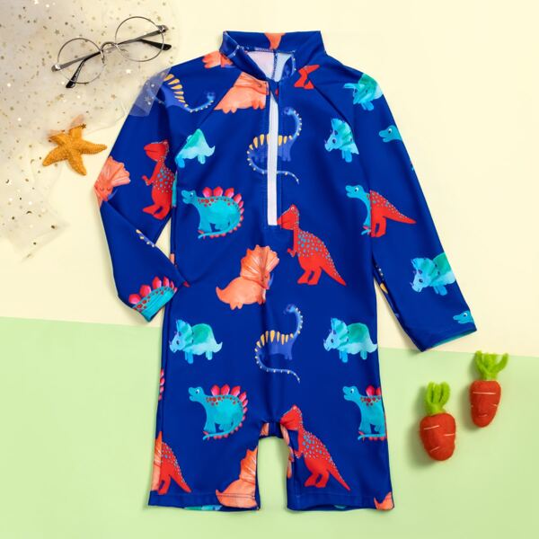 

Toddler Boys Cartoon Dinosaur Zip-up One Piece Swimsuit, Blue