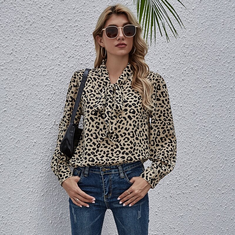 

Leopard Tie Neck High Low Blouse, Multicolor