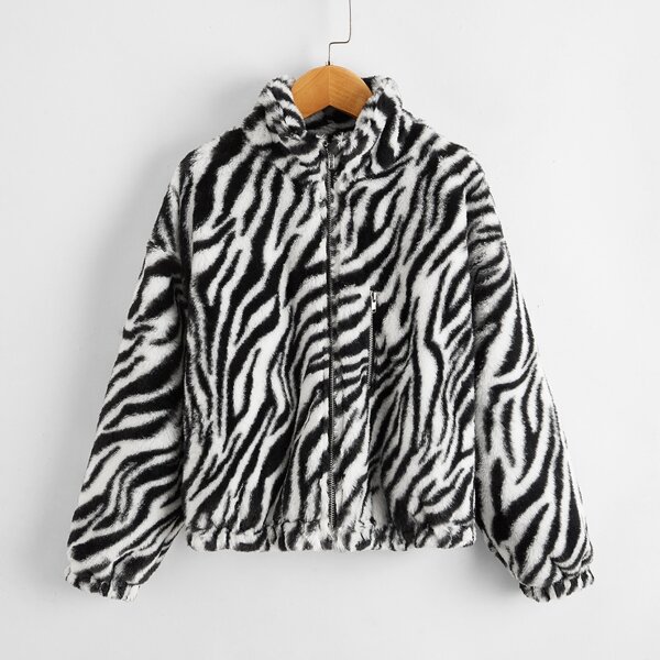 

Girls Zip Detail Zebra Striped Teddy Jacket, Black and white
