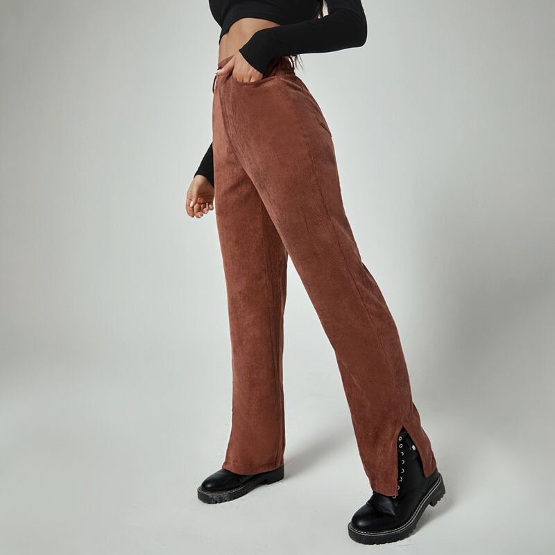 

Slit Hem High-Rise Corduroy Pants, Rust brown