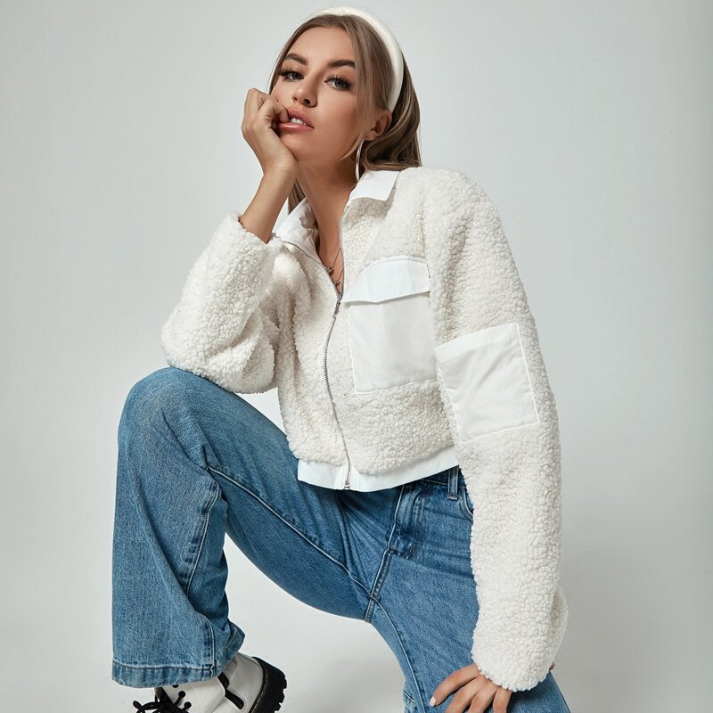 

Pocket Patched Zip Up Crop Teddy Jacket, White