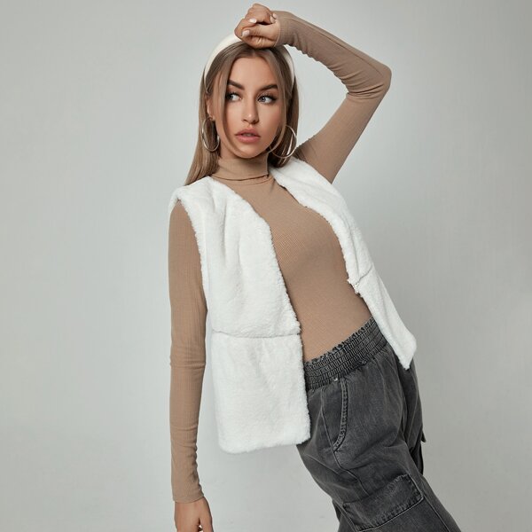 

Detachable Hem Open Front Faux Fur Jacket, White