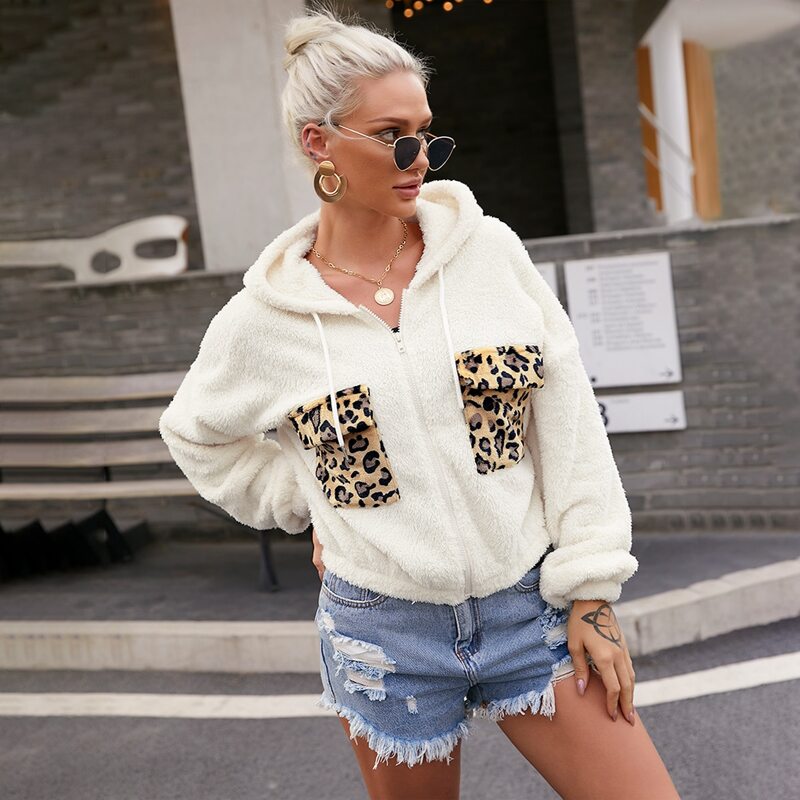 

Leopard Pocket Drop Shoulder Teddy Jacket, Beige