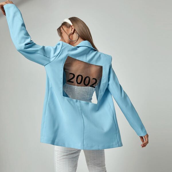 

Number Print Sheer Back Blazer, Baby blue