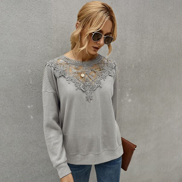 

Lace Panel Drop Shoulder Sweatshirt, Light grey