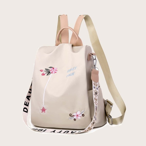 

Letter & Floral Embroidery Large Capacity Backpack, Khaki