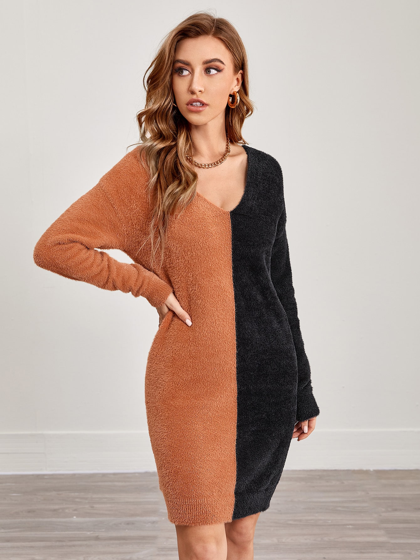 V-neck Drop Shoulder Two Tone Fluffy Knit Sweater Dress thumbnail