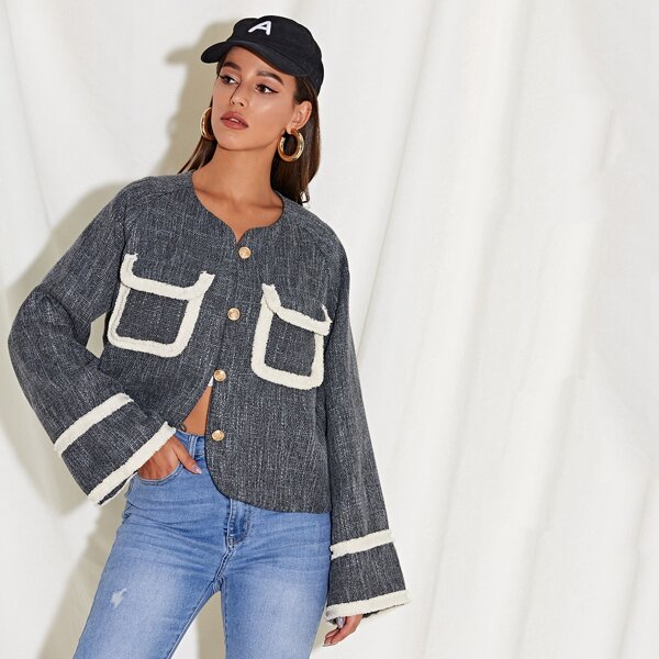 

Raglan Sleeve Button Front Raw Trim Jacket, Dark grey