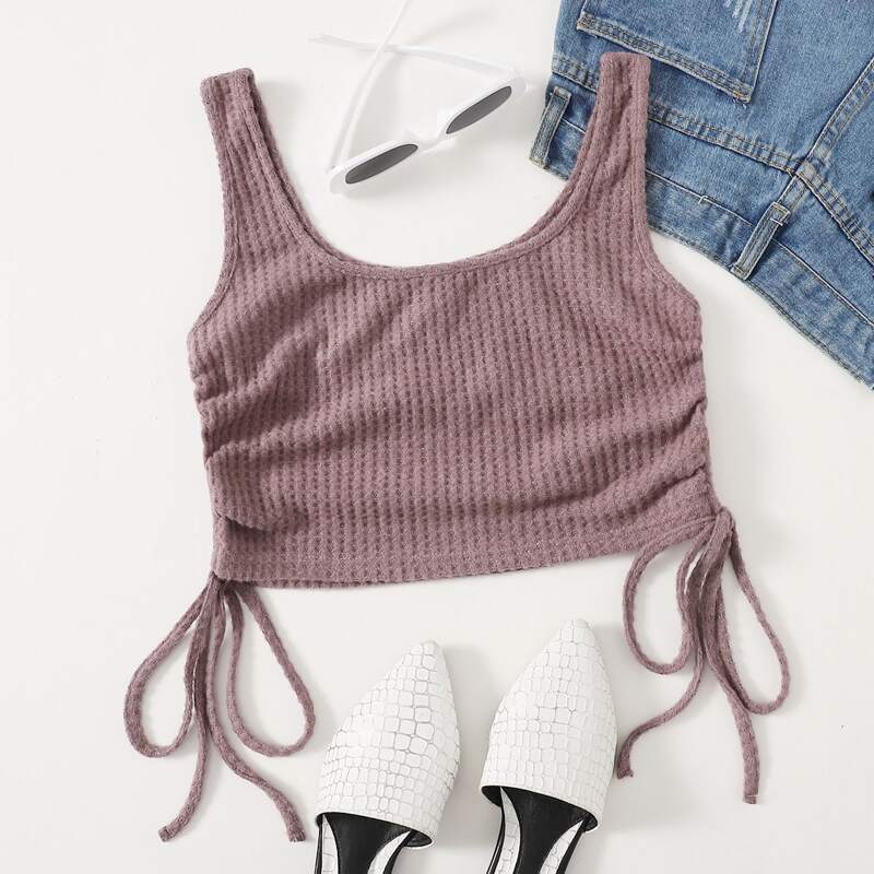 

Drawstring Side Waffle Knit Tank Top, Dusty pink