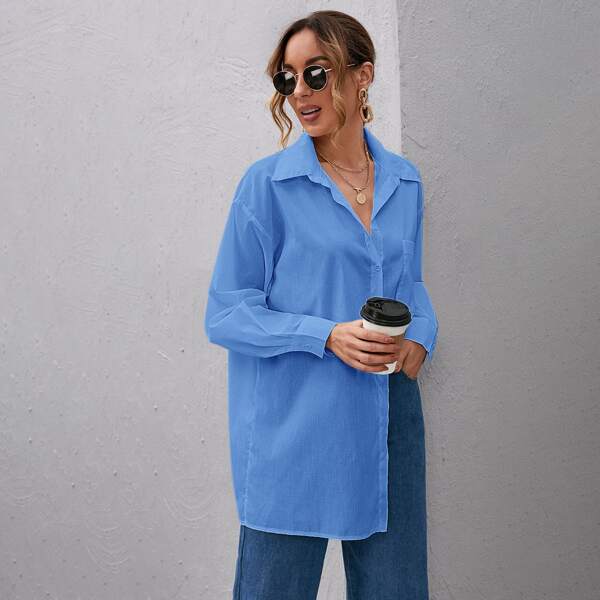 

Button Front Patch Pocket Tunic Top, Blue
