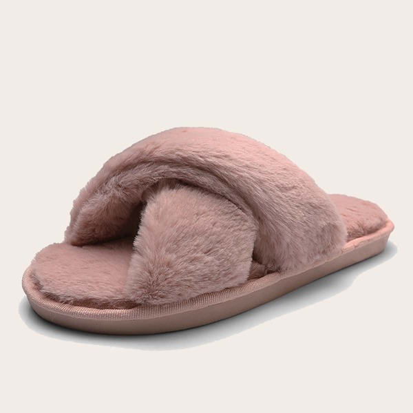 

Criss Cross Fluffy Slippers, Pink