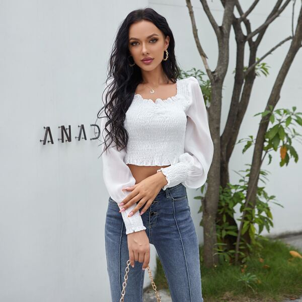 

Frill Trim Shirred Top, White