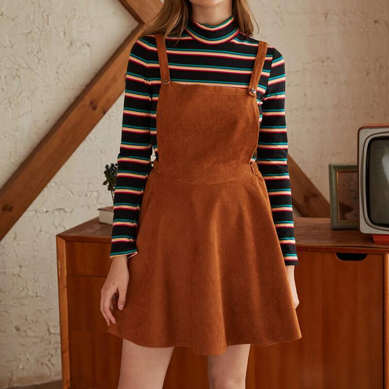 

Corduroy Solid Pinafore Dress, Rust brown