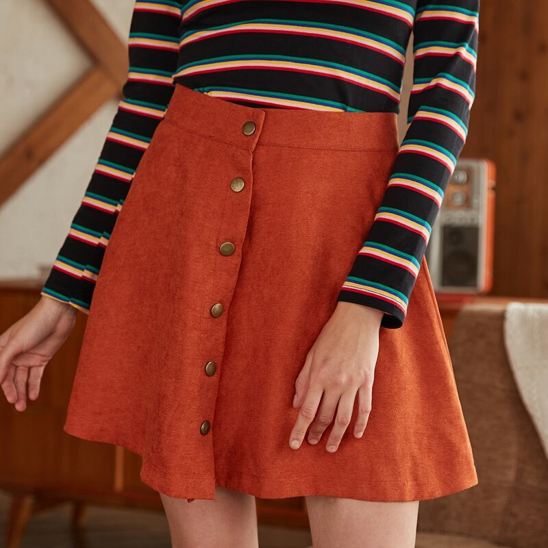 

Solid Corduroy Button Front Skirt, Rust brown