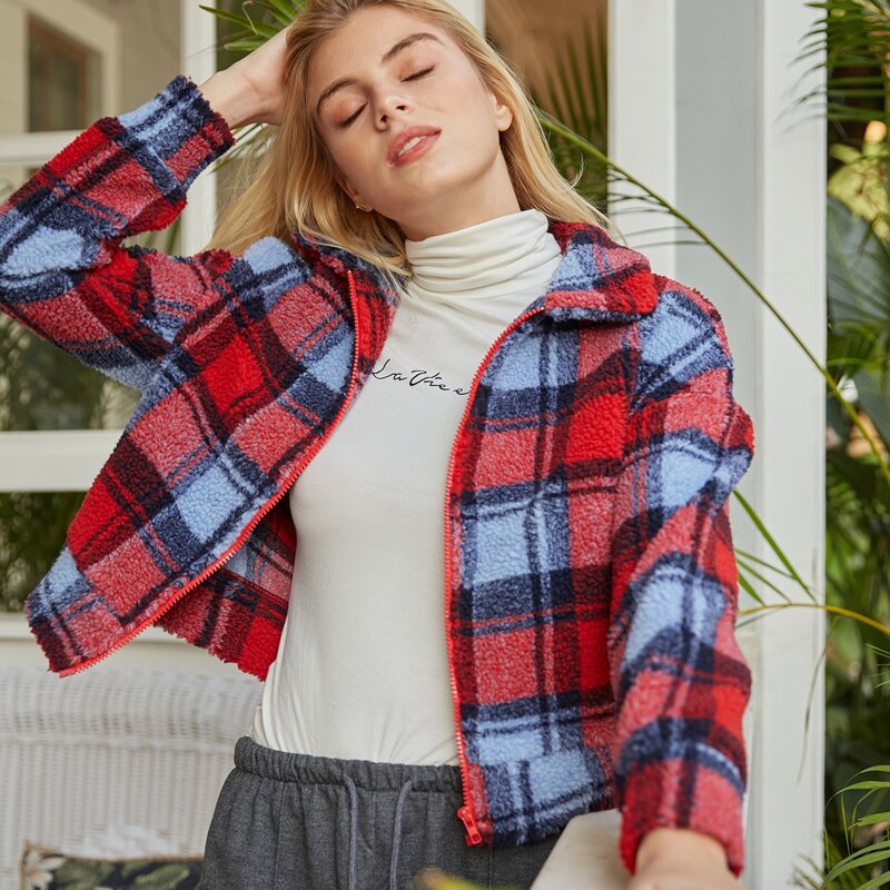 

Plaid Zip Teddy Jacket, Multicolor