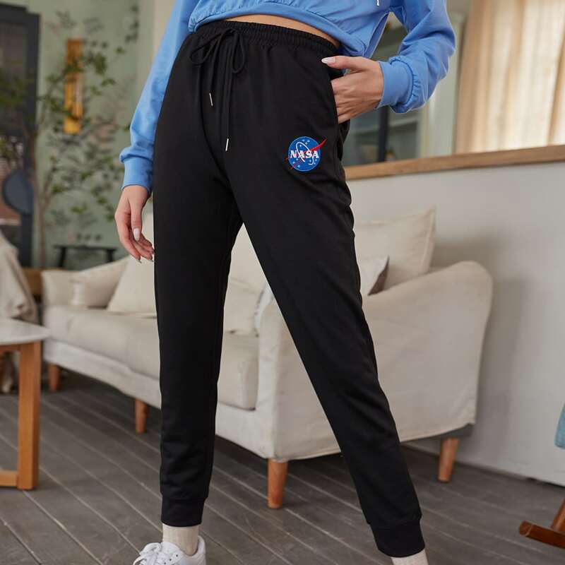 

Letter Graphic Drawstring Sweatpants, Black