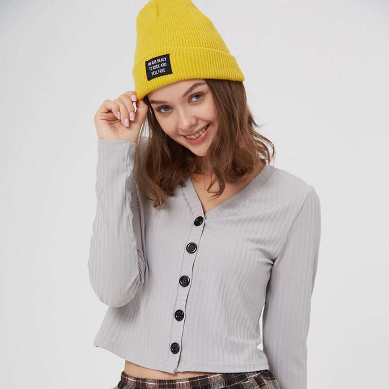 

Button Front Ribbed Tee, Light grey