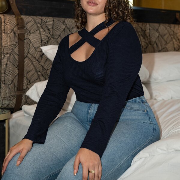 

Plus Crisscross Neck Rib-knit Tee, Navy blue
