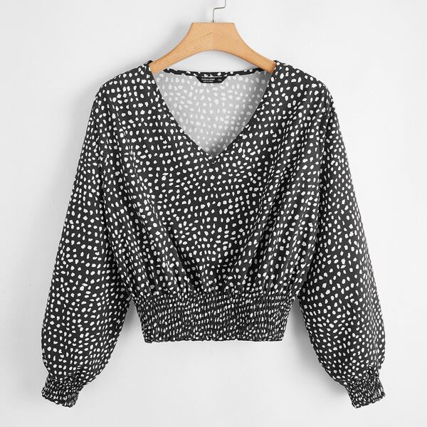 

Plus Shirred Hem Dalmatian Print Blouse, Black and white