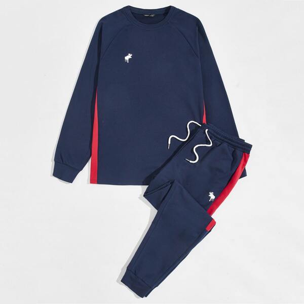 

Men Contrast Side Seam Pullover & Joggers Set, Navy blue