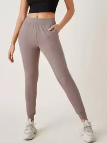 SHEIN BASICS Slant Pocket Solid Joggers - Mocha Brown - View 1