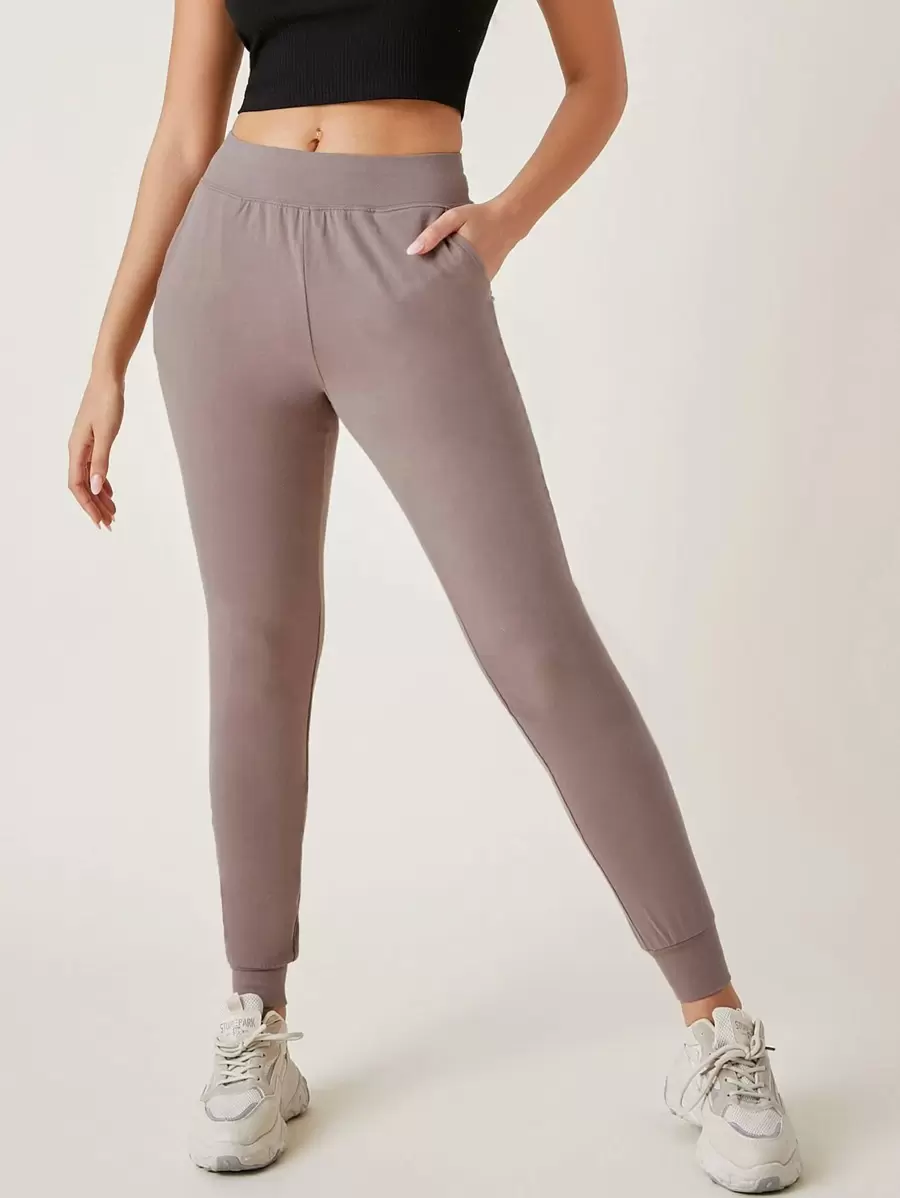 SHEIN BASICS Slant Pocket Solid Joggers - Mocha Brown - View 1