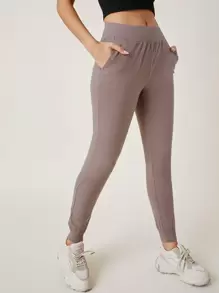 SHEIN BASICS Slant Pocket Solid Joggers - Mocha Brown - View 3