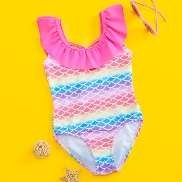 

Toddler Girls Fish Scale Print Ruffle One Piece Swimsuit, Multicolor